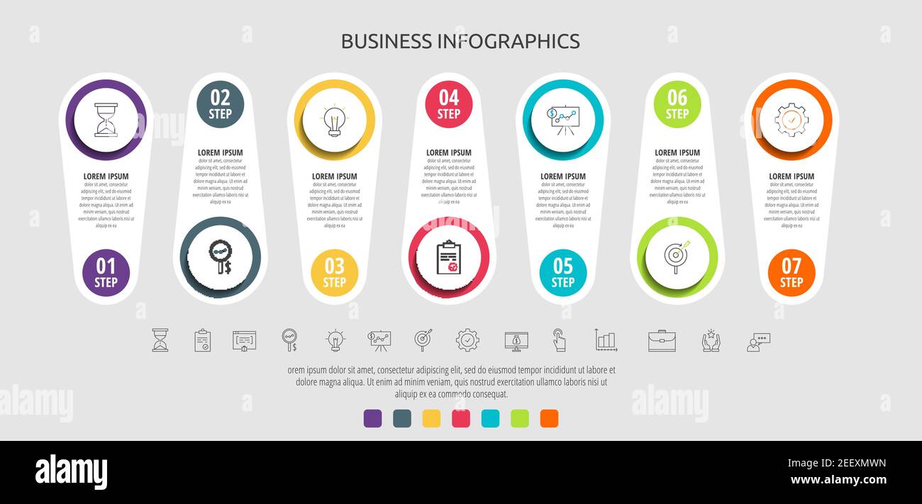 Cercles infographiques de vecteur commercial pour sept étiquettes, diagrammes, graphiques et présentations. Concept avec 7 options utilisées avec le contenu, l'organigramme, les étapes, le temps Illustration de Vecteur
