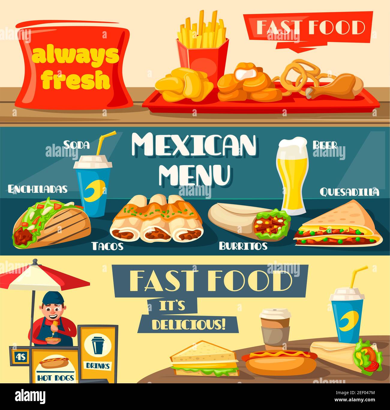 Banderoles de restauration rapide pour fastfood ou restaurant de rue ou bistro. Motif vectoriel plat de hamburger, taco mexicain ou burrito, cheeseburger ou hambourg Illustration de Vecteur