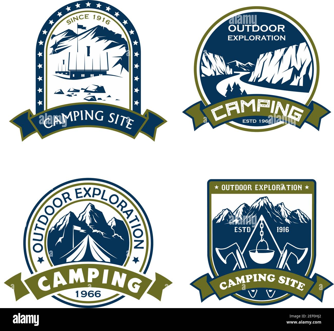 Camping site d'aventure en plein air icônes pour le sport de randonnée en montagne ou l'extrême nature explorer équipe club. Badges isolés vectoriels de roche montagneuse alpine ou Illustration de Vecteur