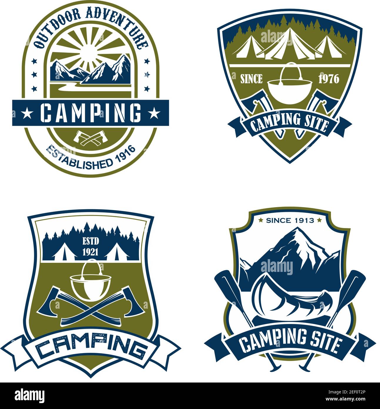 Camping ou montagne des icônes d'aventure en plein air pour l'alpinisme ou le sport de randonnée et l'extrême nature explorer club d'équipe. Badges isolés vectoriels d'Alpine Illustration de Vecteur
