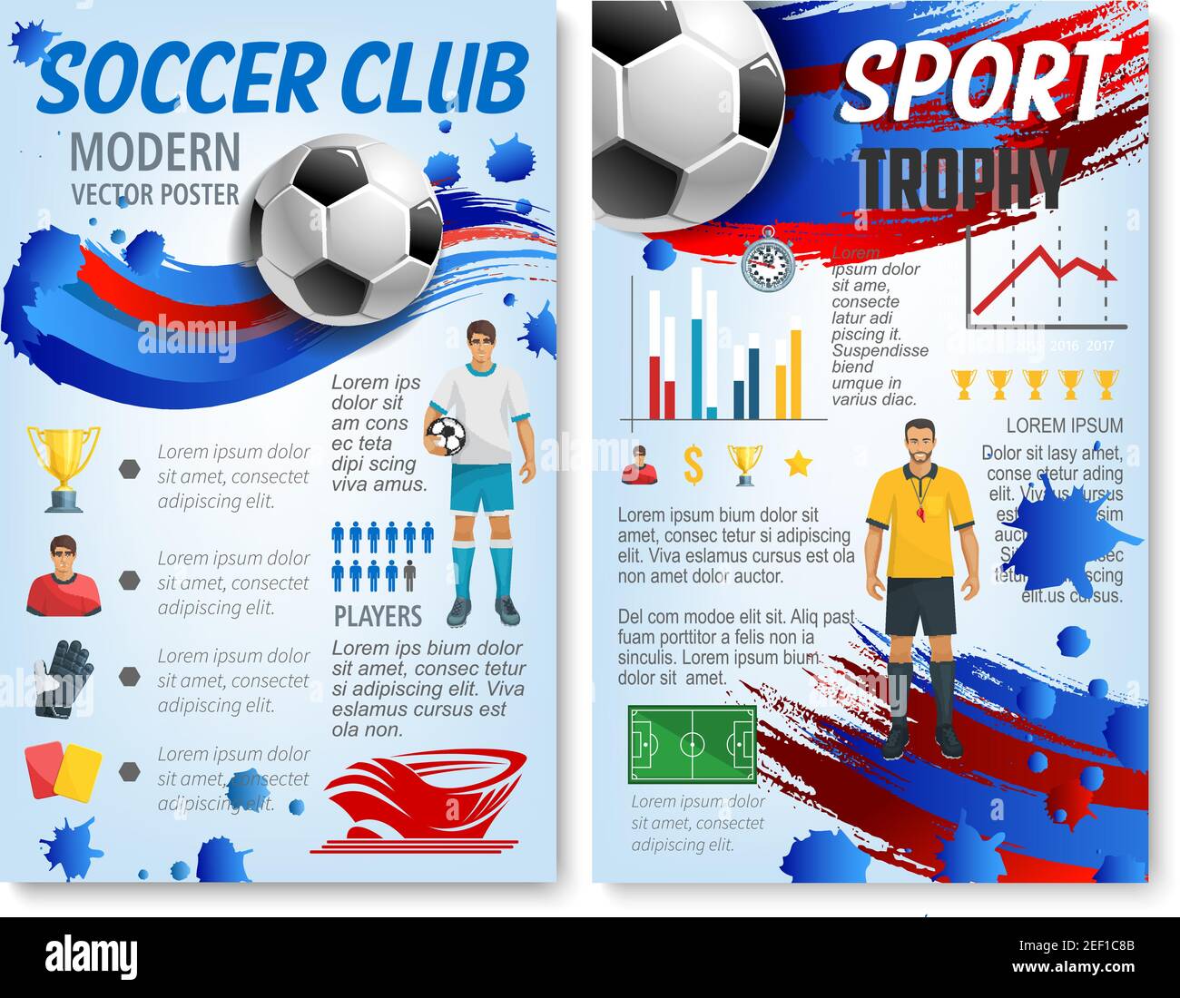 Infographie sur le football avec joueur d'équipe de football et statistiques sur les trophées. Graphique et graphique avec le schéma de terrain du stade de football et ballon de football, gagner Illustration de Vecteur