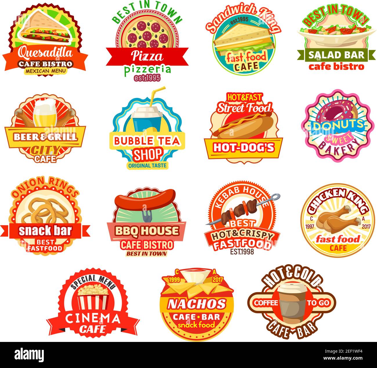 Hamburgers de restauration rapide ou icônes de restaurants mexicains de restauration rapide. Ensemble de saucisses pour hot dogs, pizzas ou quesadilla et burrito isolés de Vector, kebab grill Illustration de Vecteur
