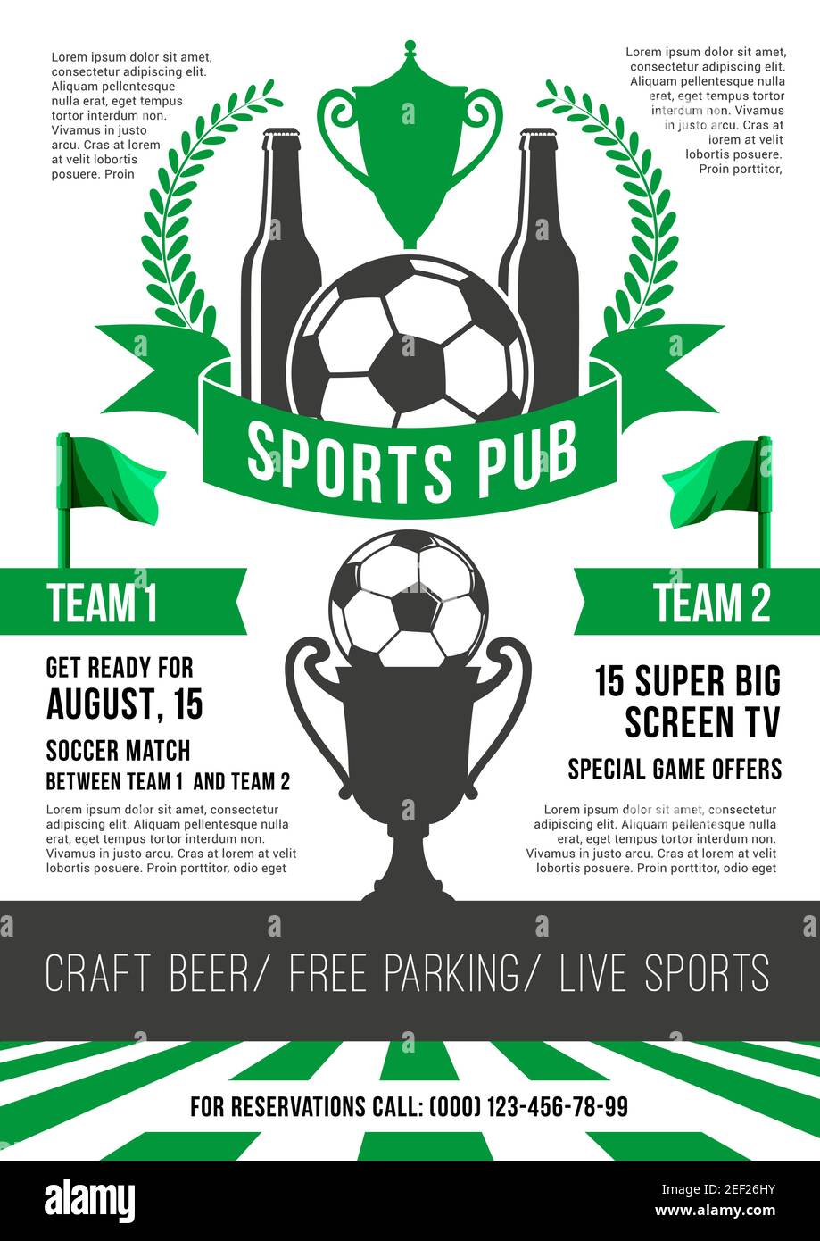 Modèle d'affiche de pub sportif de football ou de club de football de bar à  bière. Coupe de victoire de football Vector, boisson à la bière et drapeaux  de ballon de football