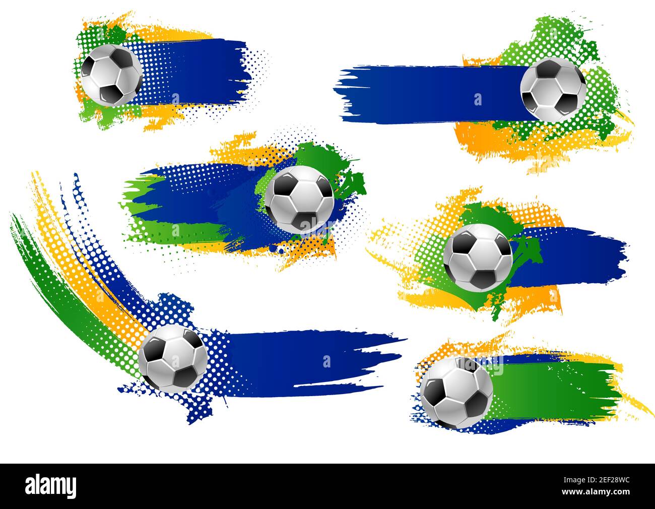 Modèle de création de bannières de jeu de football ou d'arrière-plans de  football pour le championnat de coupe de football. Ensemble vectoriel de  ballon de football et vert ou bleu, couleur jaune