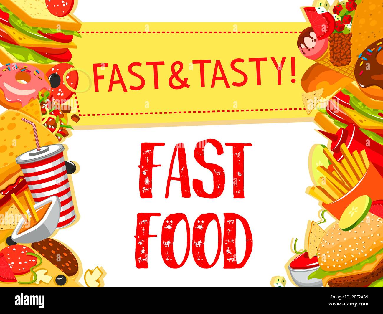 Modèle d'affiche de menu de fast food pour hamburgers, en-cas et sandwichs de bistro de restauration rapide. Cheeseburger ou hamburger et pizza Vector, Illustration de Vecteur