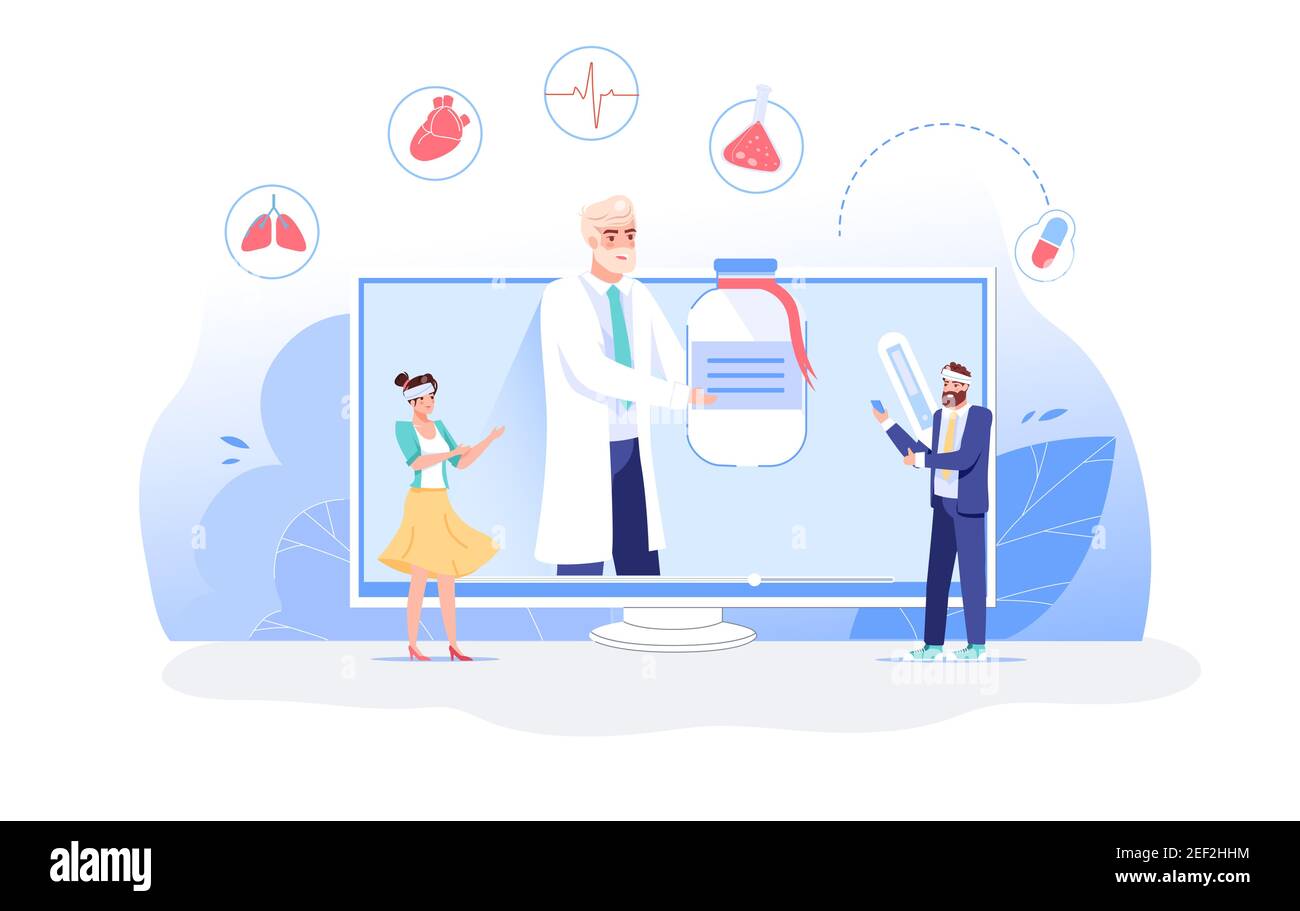 Personnages de dessin animé à plat pour le patient et le médecin, concept d'illustration vectorielle de télémédecine en ligne Illustration de Vecteur