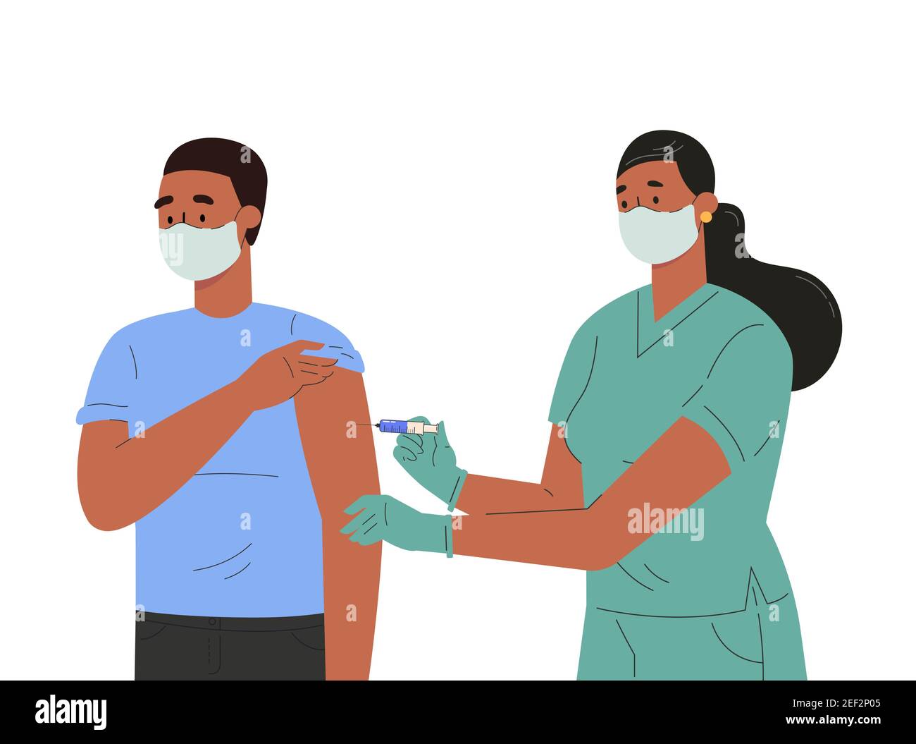 Une infirmière féminine produit un vaccin à un patient masculin. Illustration de Vecteur