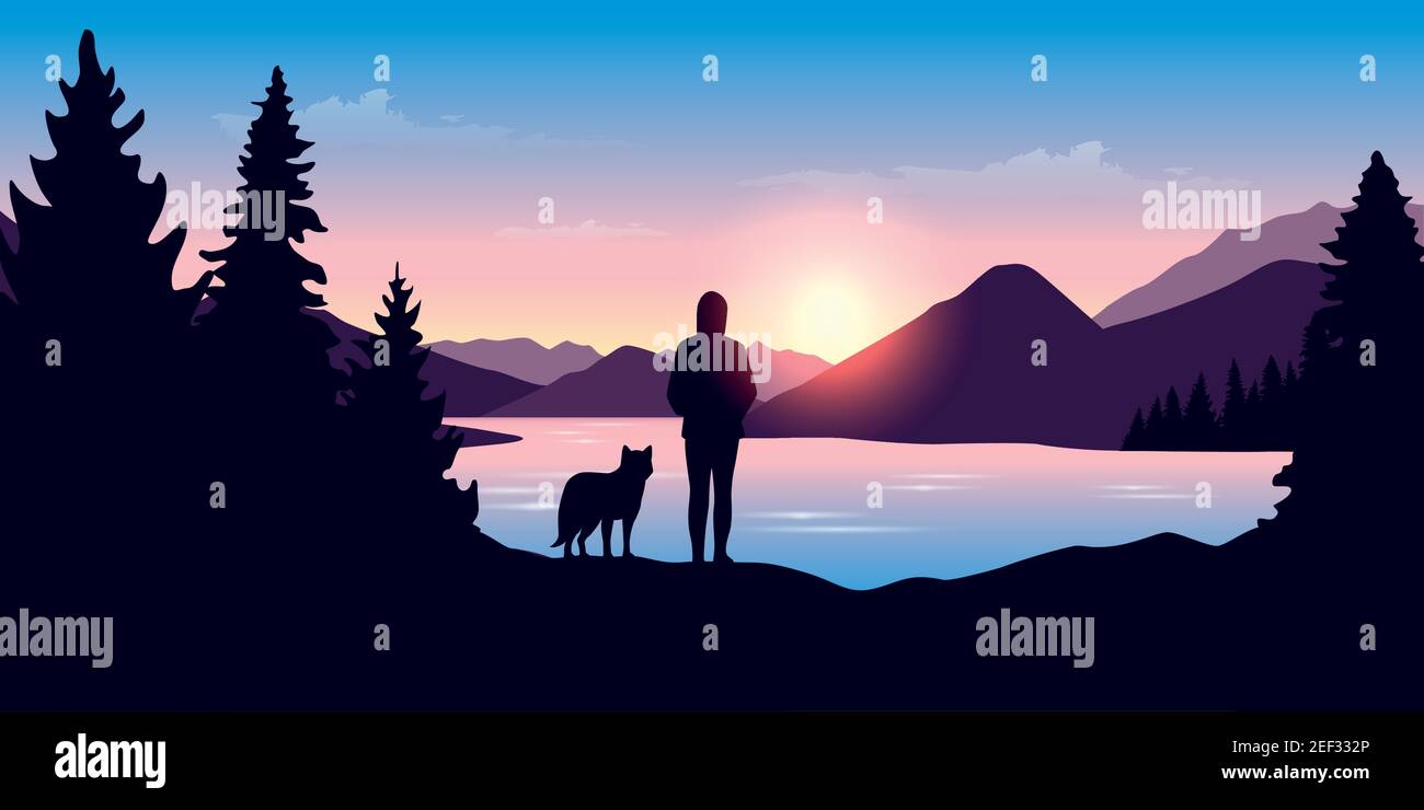 la jeune fille et le chien de la rivière dans la nature verte Illustration vectorielle EPS10 Illustration de Vecteur