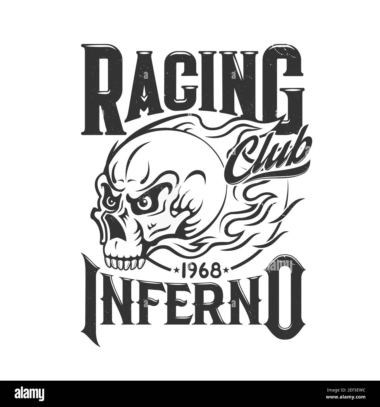 Imprimé t-shirt avec blason crâne vecteur club de course mascotte ou emblème de la société de motards, tête de mort en feu. T-shirt imprimé, tatouage ou emblème monochrome ou Illustration de Vecteur