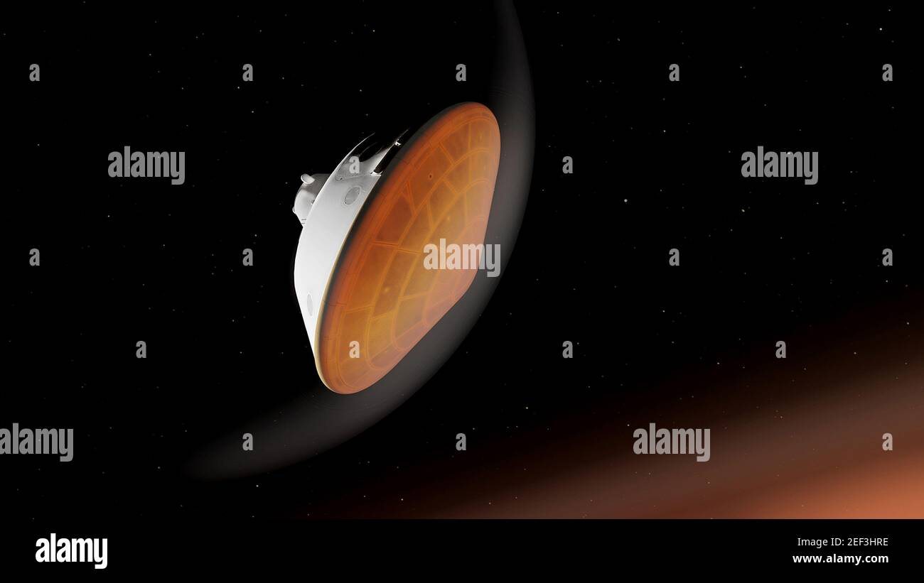 NASA. 16 février 2021. Avec son bouclier thermique face à la planète, le rover persévérance de la NASA, tel qu'il est vu dans cette illustration, commence sa descente dans l'atmosphère martienne, prévue pour le 18 février 2021. L'entrée, la descente et l'atterrissage, ou « EDL », commence lorsque l'engin spatial atteint le sommet de l'atmosphère martienne, se déplaçant à près de 12,500 mph (20,000 km/h). L'aeroshell, qui enferme le rover et la descente, fait le voyage à la surface indépendamment. Crédit : UPI/Alay Live News Banque D'Images