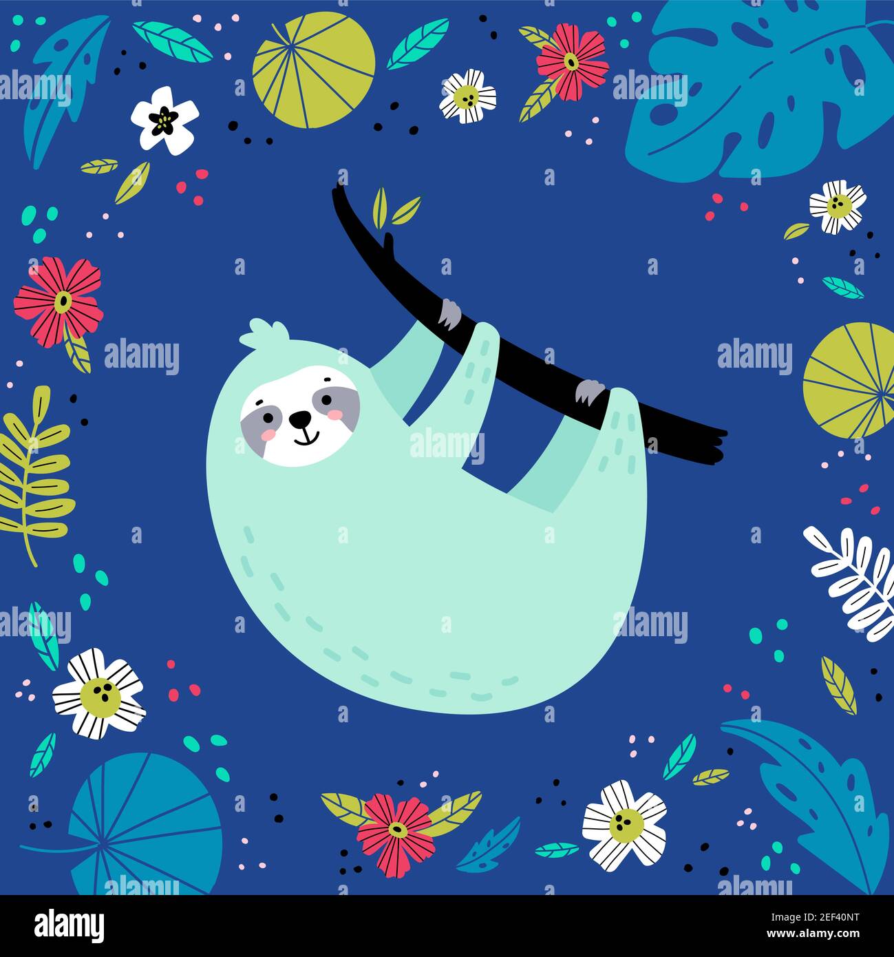 Sloth dans diverses feuilles et fleurs tropicales. Illustration de Vecteur