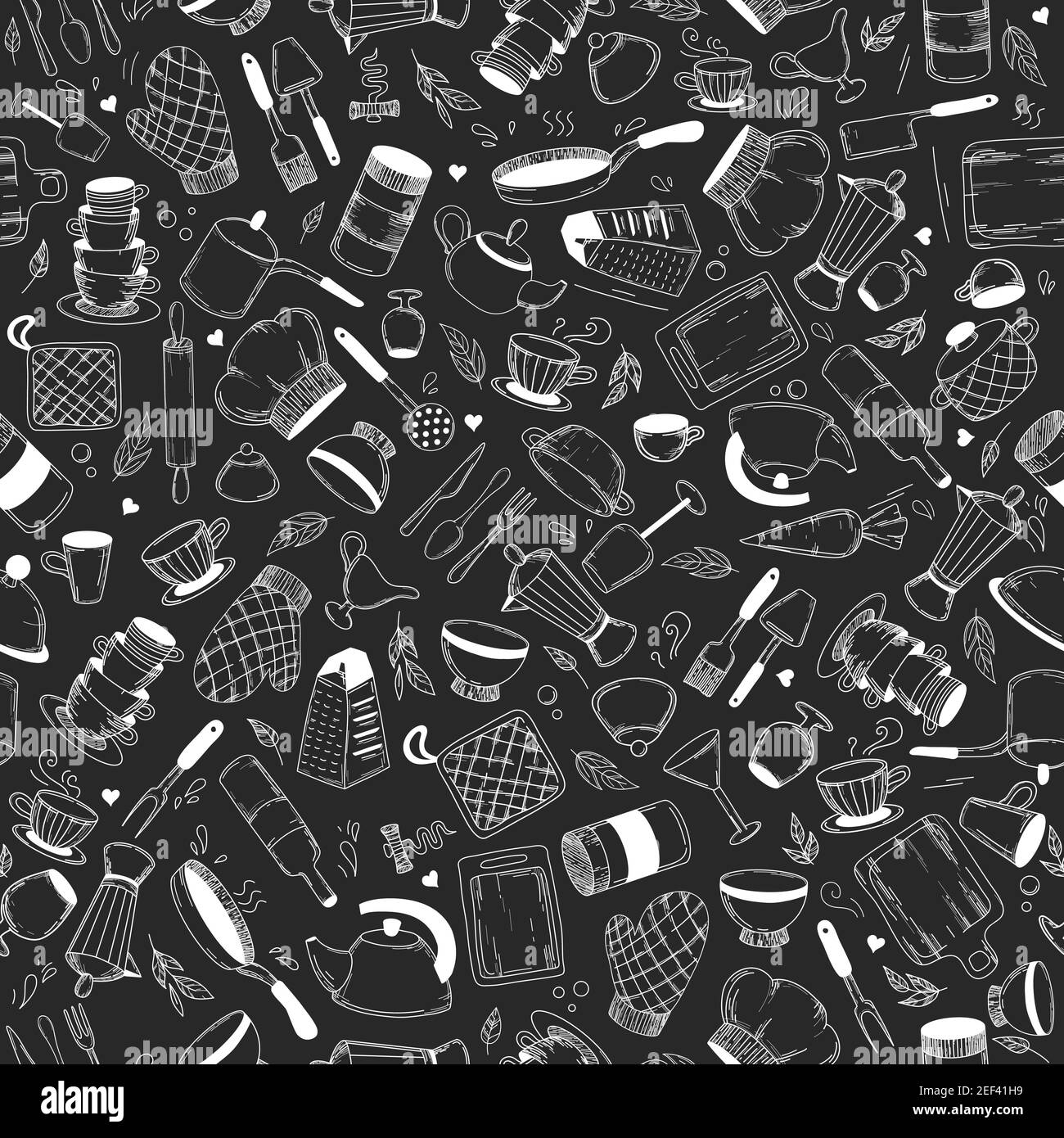 Vecteur main outils de cuisine dessin sans couture motif. Arrière-plan vintage. Outil de cuisine d'esquisse, ustensiles de cuisine. Casserole, couteau et fourchette, ustensiles de chef râleur Illustration de Vecteur