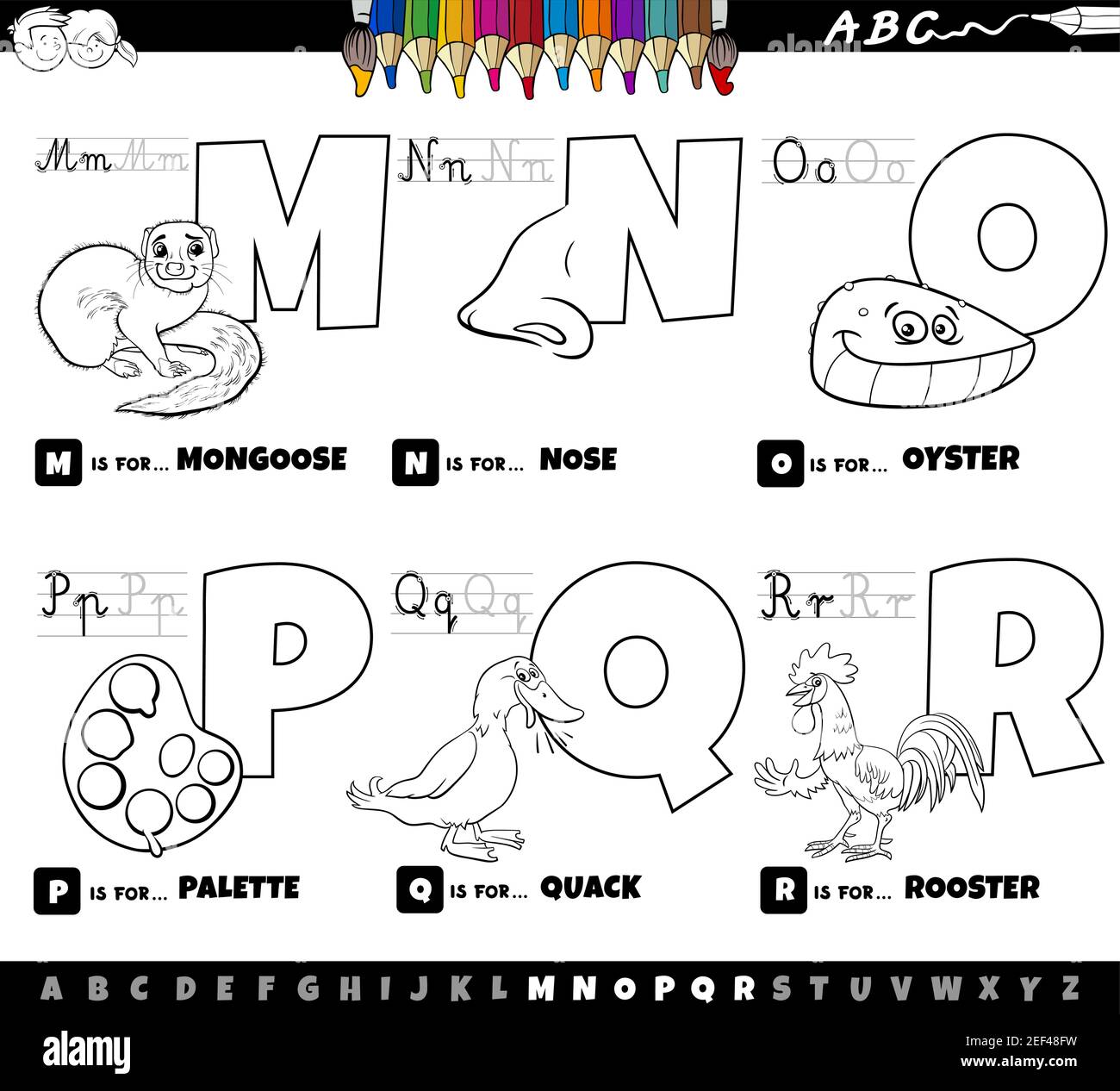 Dessin animé noir et blanc représentant des lettres majuscules de l'alphabet kit éducatif pour la lecture et l'écriture pour les enfants de Coloration M à R b Illustration de Vecteur