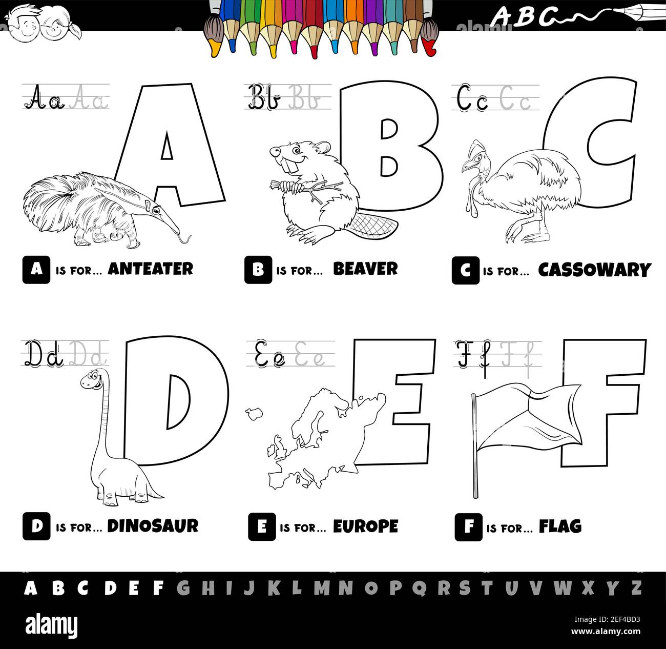 Dessin animé noir et blanc représentant des lettres majuscules de l'alphabet kit éducatif pour la lecture et l'écriture pour les enfants de Coloration a à F b Illustration de Vecteur