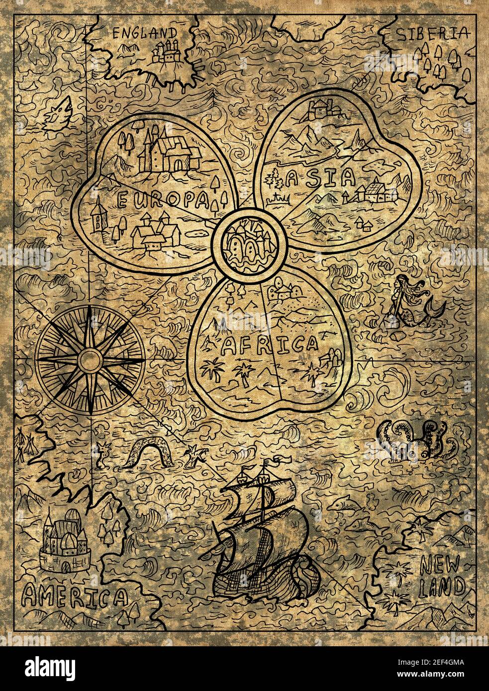 Illustration marine texturée de l'ancienne carte du monde avec rosier ...