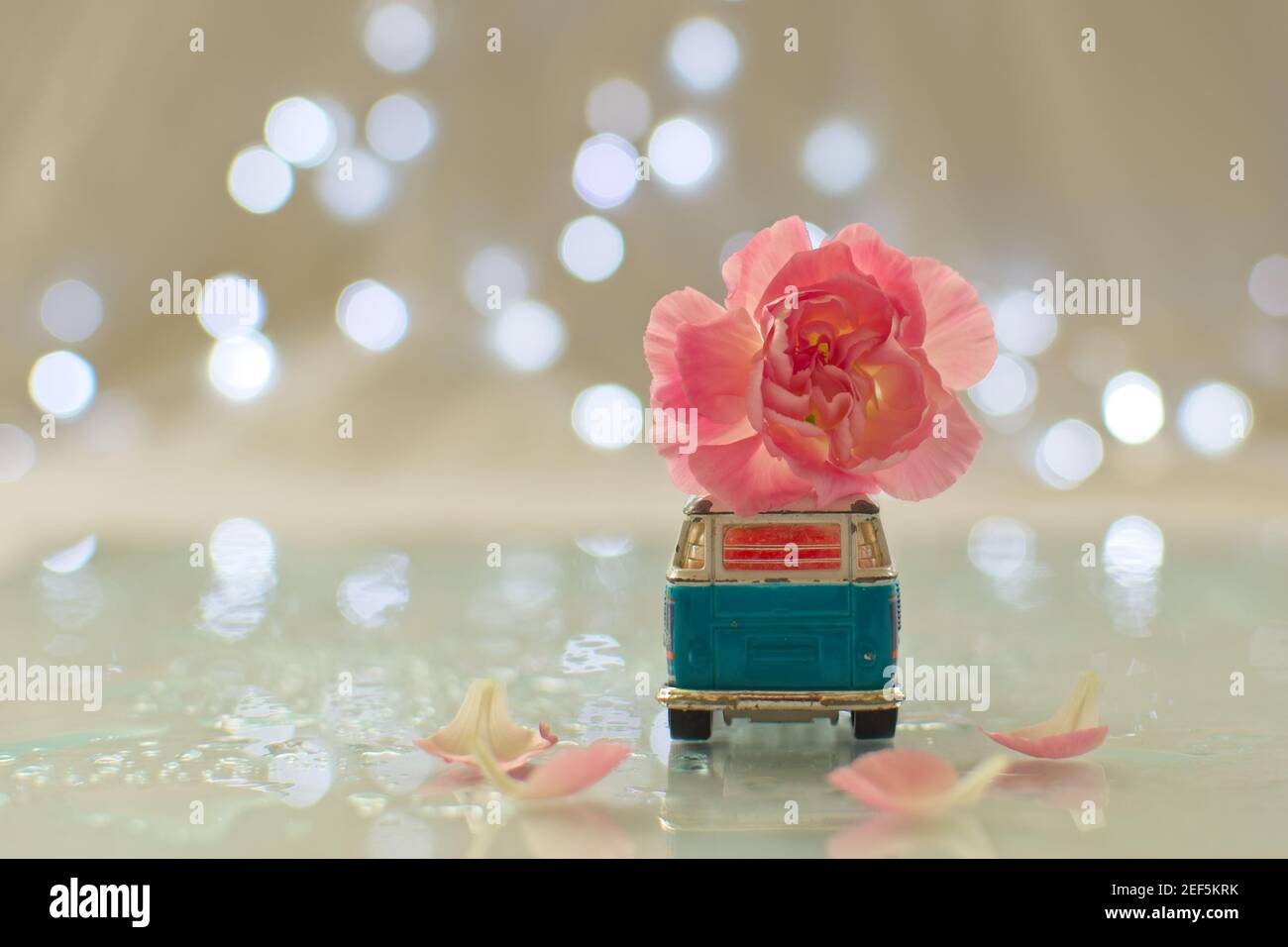 Vieille voiture de jouet décorée avec fleur de carnation et arrière-plan de bokeh Banque D'Images