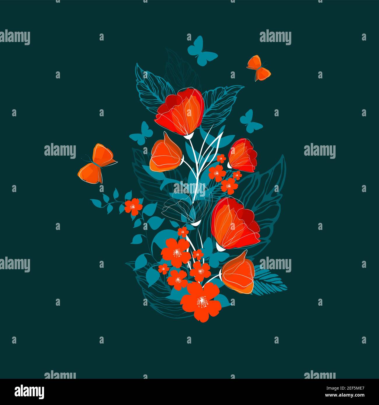 Bouquet de fleurs rouges et de feuilles bleues. Illustration vectorielle Illustration de Vecteur