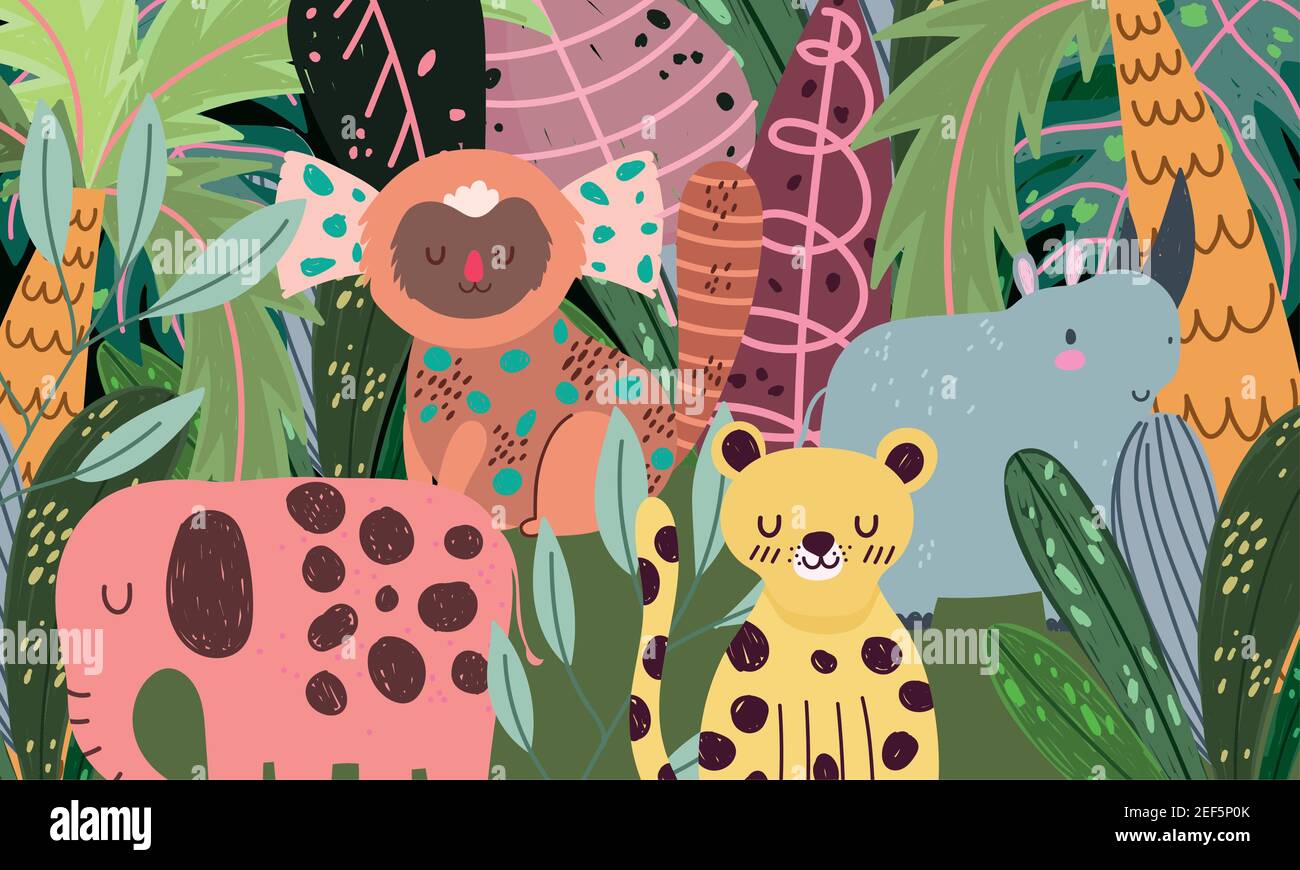 animaux de la jungle mignon dessin animé léopard éléphant rhinocéros
