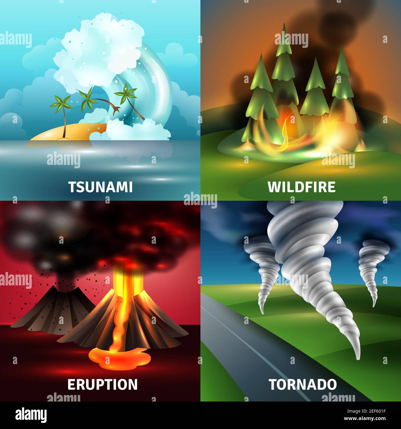 Catastrophes naturelles concept de conception avec éruption de volcan tsunami avec lave et l'illustration vectorielle isolée de la tornade de la cendre Illustration de Vecteur