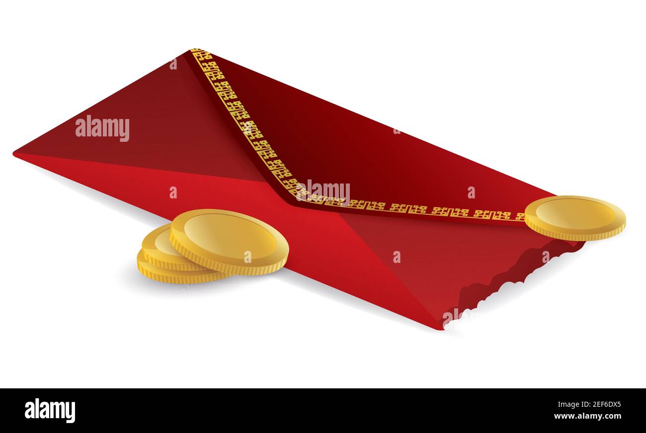 Ouvert enveloppe rouge avec quelques pièces de monnaie d'or, pour la bonne chance dans la tradition chinoise, isolé sur fond blanc. Illustration de Vecteur