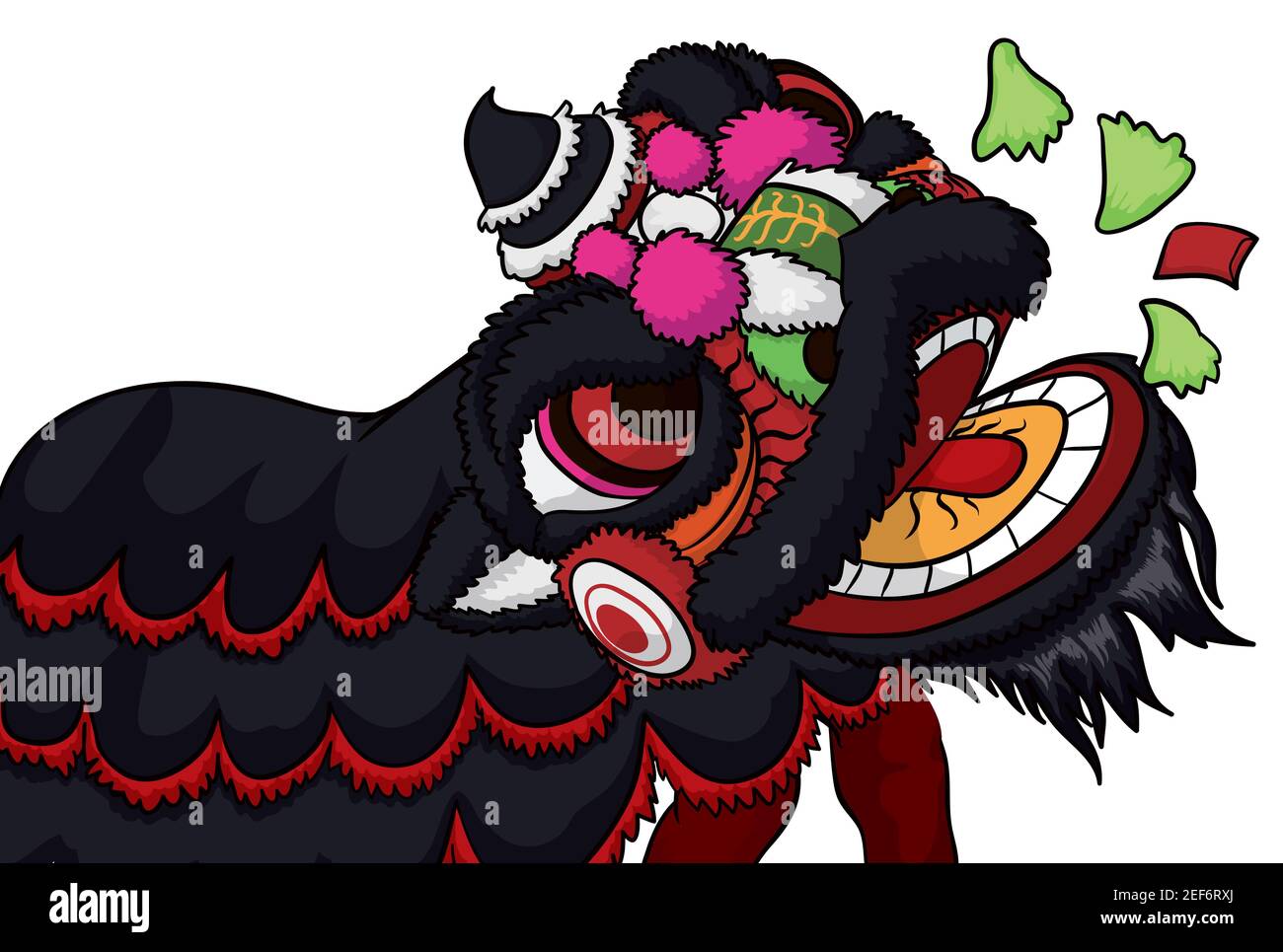 Lion noir et danseurs exécutant la représentation traditionnelle de la laitue mangeant et enveloppe rouge ou 'cai qing' signifiant 'plucking the greens'. Illustration de Vecteur