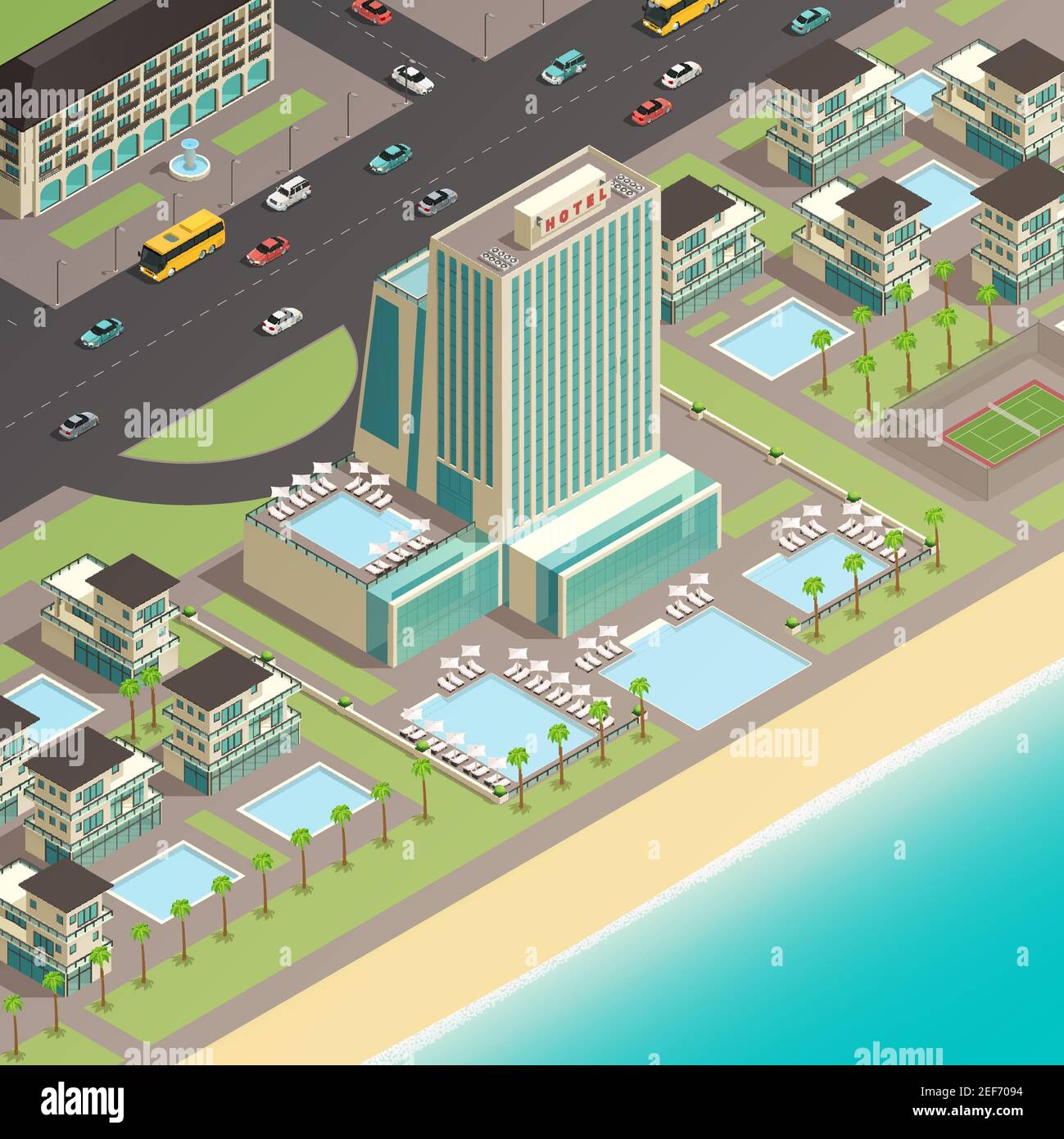 Fragment isométrique de paysage urbain avec bâtiment de luxe à plusieurs étages illustration de l'hôtel dans la zone côtière Illustration de Vecteur