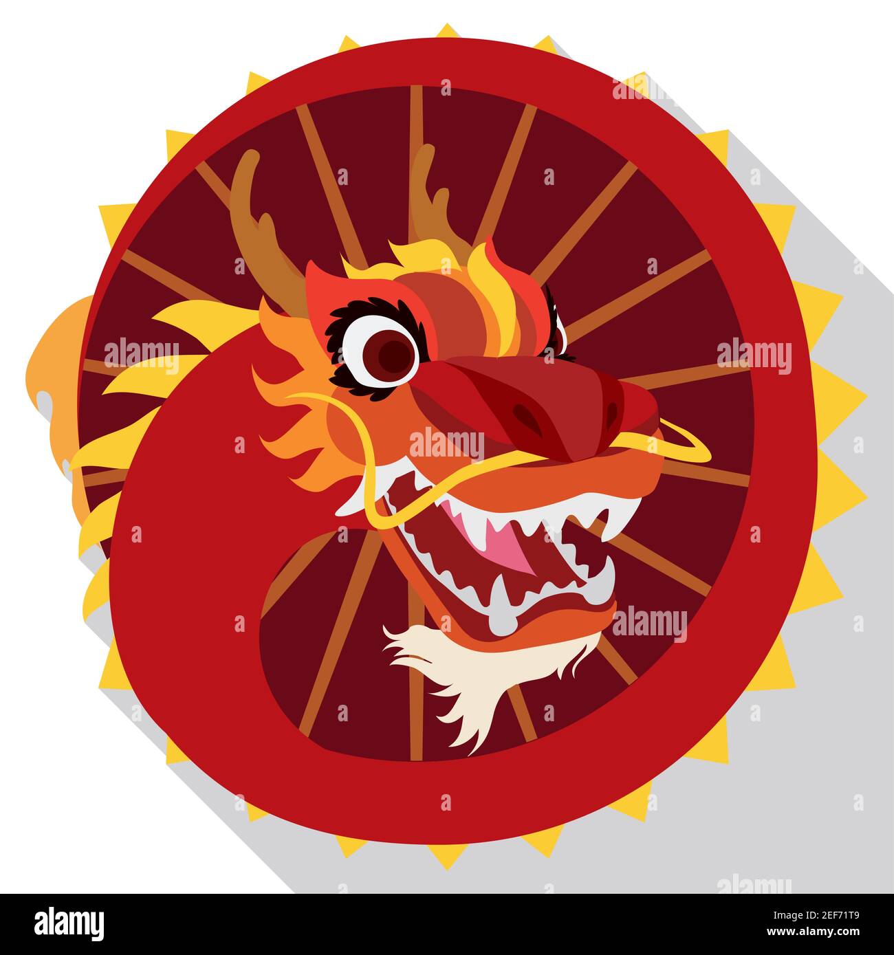 Bouton rond avec costume de dragon chinois et bâtons pour exécuter la danse de dragon, dans le style plat et l'ombre longue. Illustration de Vecteur