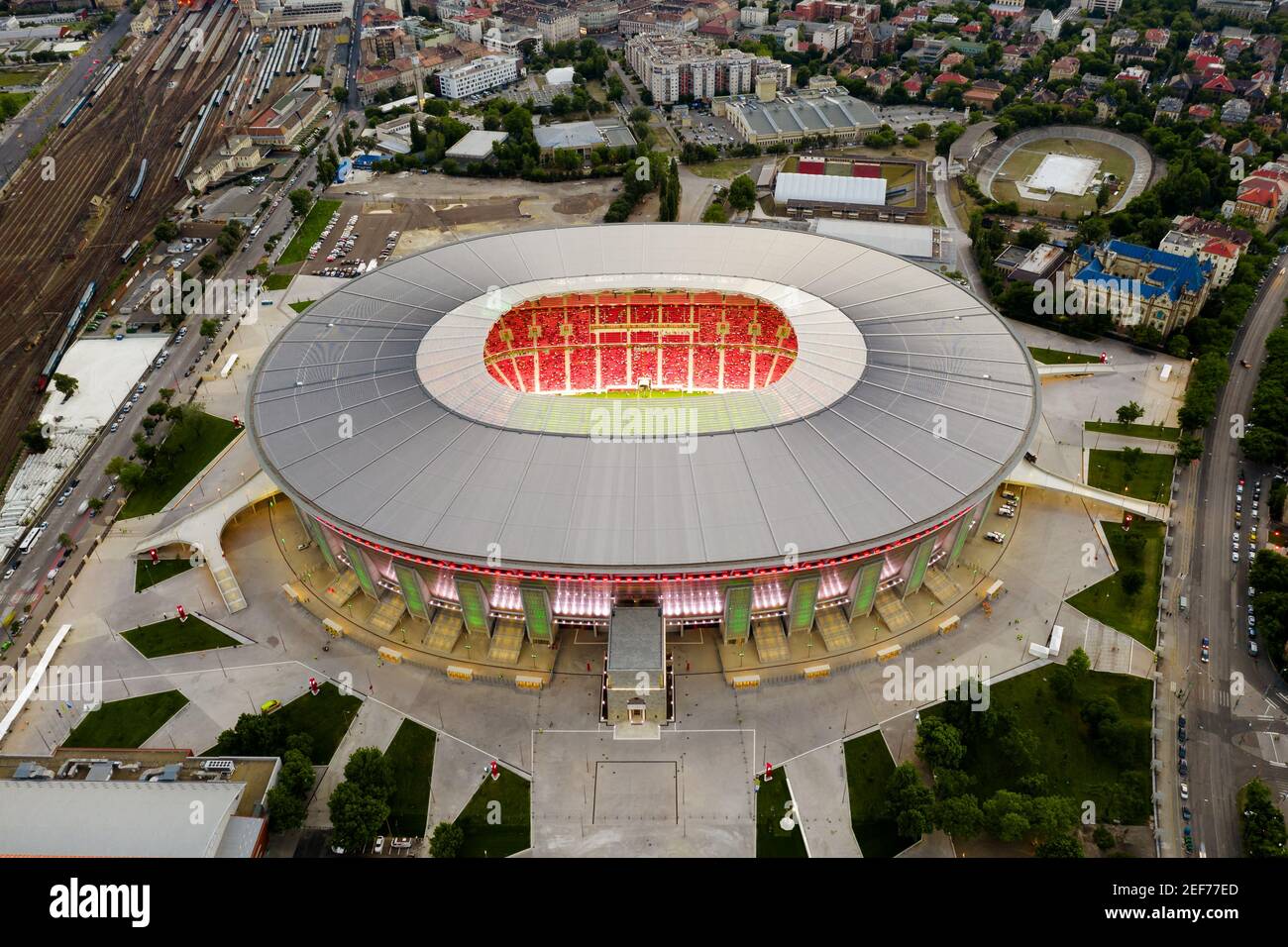 Photo aérienne de l'arène de Puskas à Budapest en Hongrie. Lieu de plusieurs matchs en 2021 pour la ligue des champions Banque D'Images