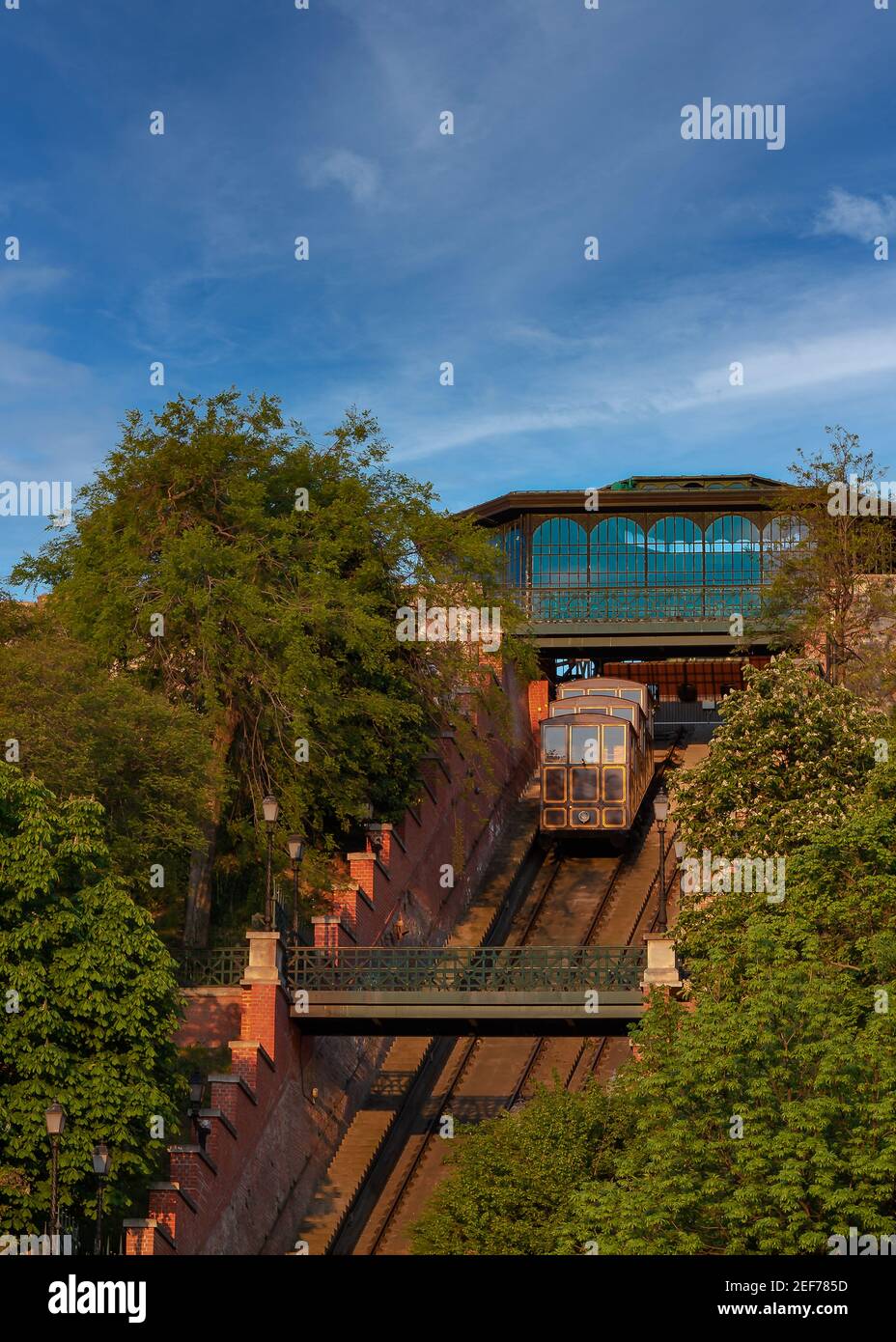 Hongrie Budapest. Funiculaire du château de Buda. Ancien téléphérique historique. Panorama incroyable pour Budapest Banque D'Images