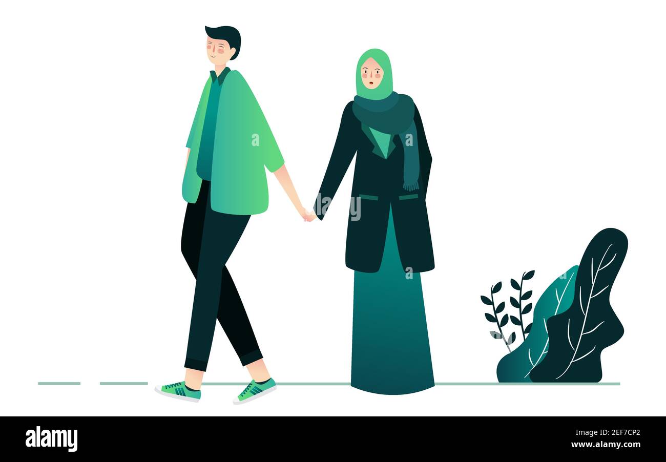 couple islamique jeune homme et femme marchant sur le parc blanc arrière-plan isolé avec style de dessin animé plat Illustration de Vecteur