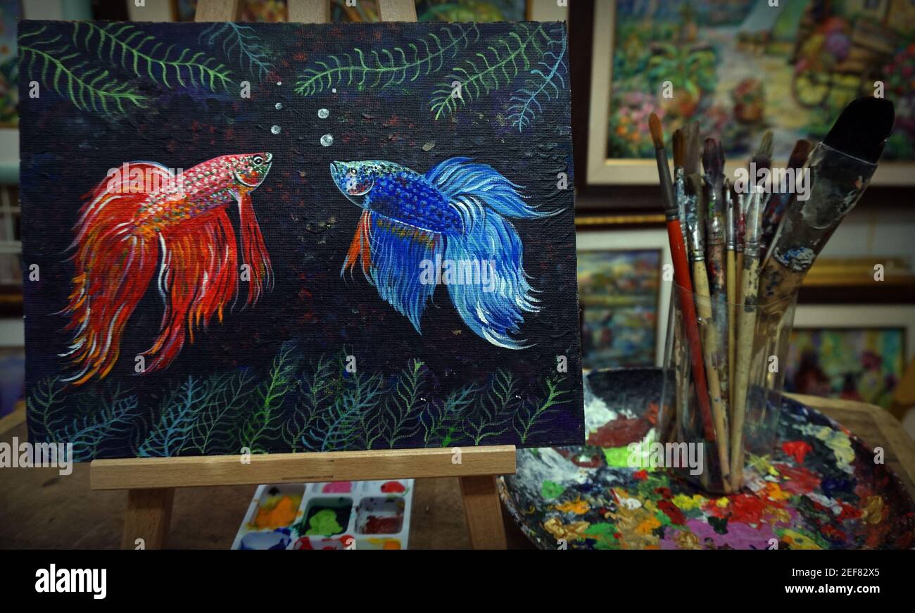Fait à la main, Art, peinture, couleur de l'huile, de bon augure , poisson de Betta, Lucky , poisson de combat siamois terre thaïlandaise Banque D'Images