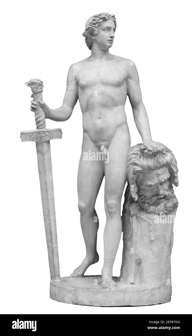 David et Goliath sont à la tête de l'ancienne statue. Histoire biblique. Sculpture ancienne isolée sur fond blanc Banque D'Images
