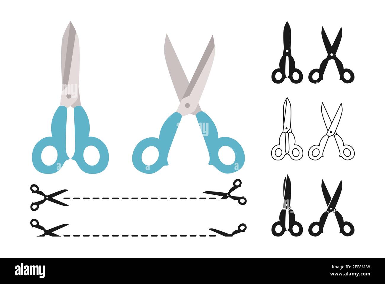 Ensemble de dessins animés en forme de ciseaux. Bordure de coupon en pointillés, bord de coupe du symbole de réduction. Collection de pinces ou de coupe ouverte ou fermée. Apposer l'étiquette de réduction. Étayage à plat pour l'artisanat. Illustration vectorielle Illustration de Vecteur