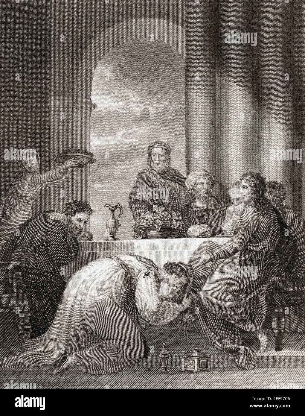 Marie Magdalene lavant les pieds de Jésus-Christ et les séchant avec ses cheveux. Banque D'Images