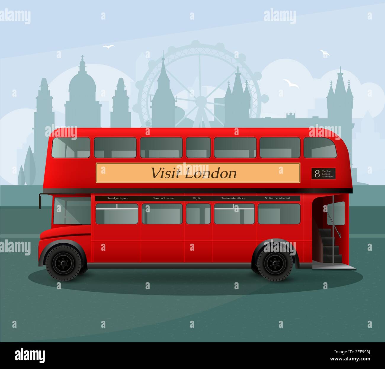 Bus londonien à impériale réaliste avec inscriptions sur fond gris avec silhouettes de repères vectorisés Illustration de Vecteur