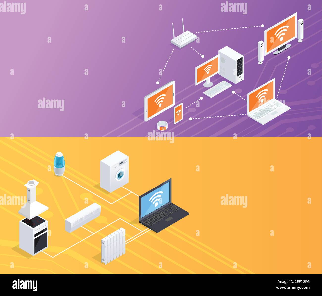 Appareils électroménagers avec télécommande et ordinateur intelligent pour l'Internet des objets 2 bannières isométriques définissent l'illustration vectorielle d'arrière-plan Illustration de Vecteur