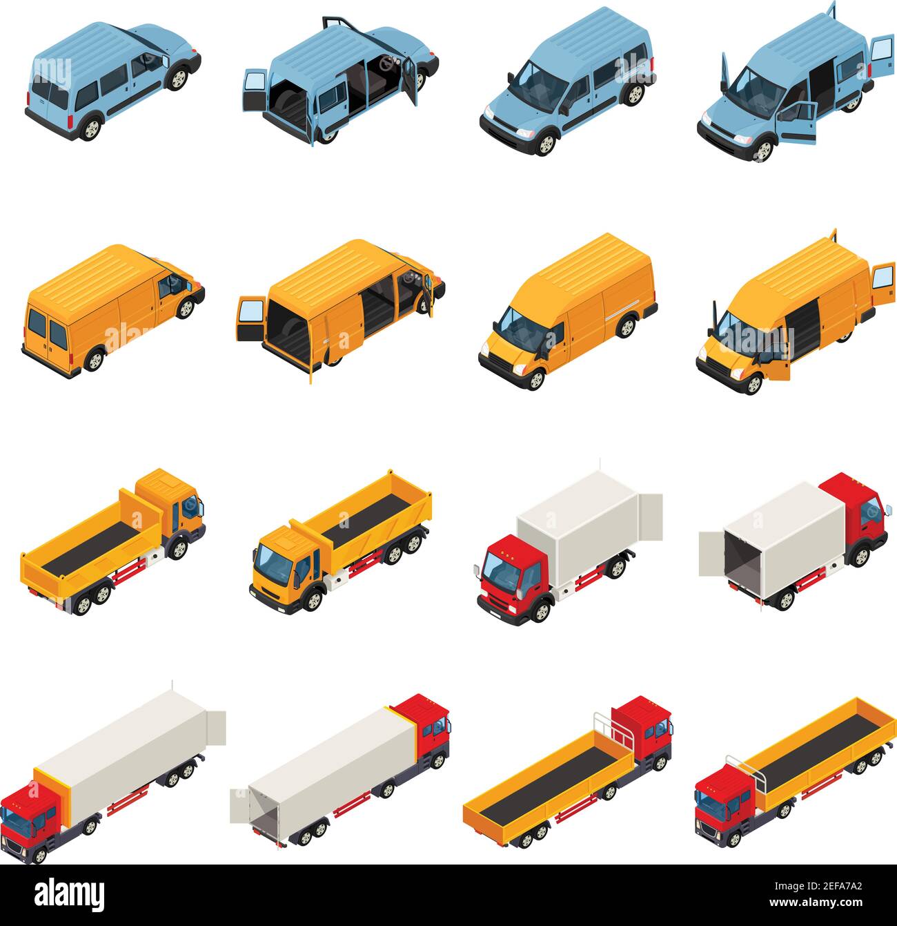 Ensemble isométrique de camions d'images de transport de marchandises isolées de véhicules avec portes ouvertes de l'illustration vectorielle de la boîte de chargement Illustration de Vecteur