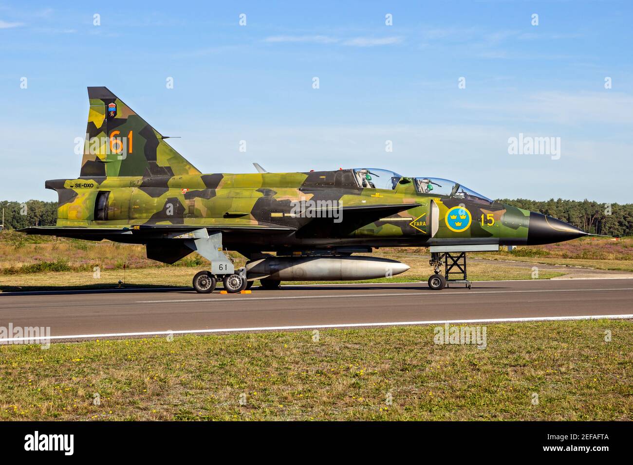 Ancien avion de chasse 37 Viggen de la Force aérienne suédoise Saab à la base aérienne Kleine-Brogel. Belgique - 14 septembre 2019. Banque D'Images