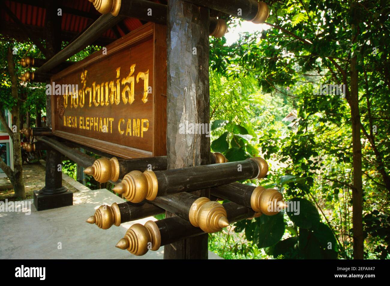 Gros plan d'une pancarte à l'entrée d'un camp, Mae sa Elephant Camp, Chiang Mai, Thaïlande Banque D'Images