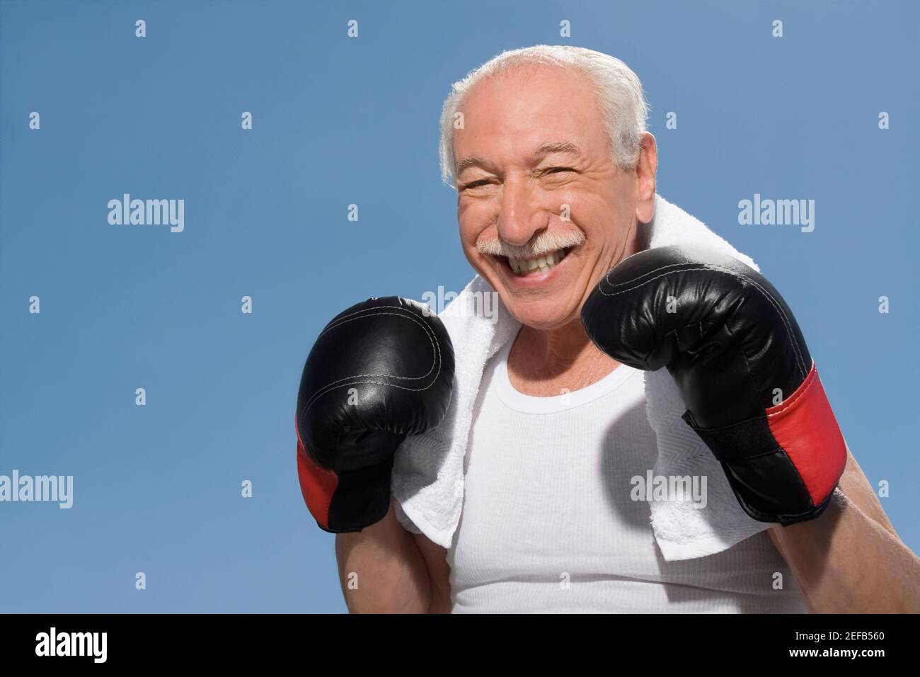 Gros plan d'un homme âgé en posture de boxe Banque D'Images
