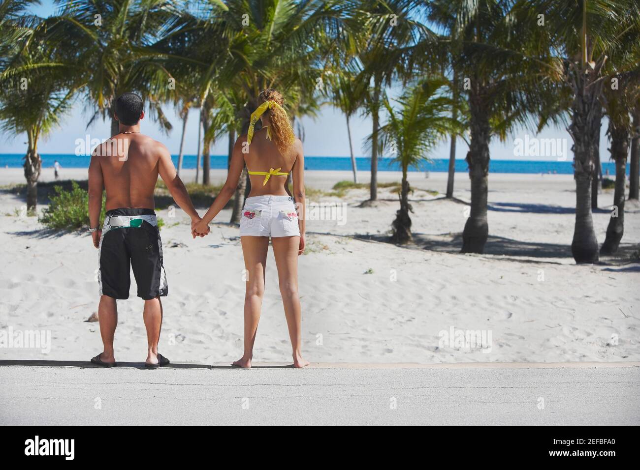 Vue arrière d'un couple debout et tenant les mains dessus la plage Banque D'Images