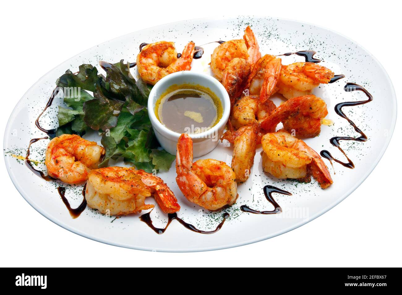 Haute cuisine, grandes crevettes avec sauce Banque D'Images