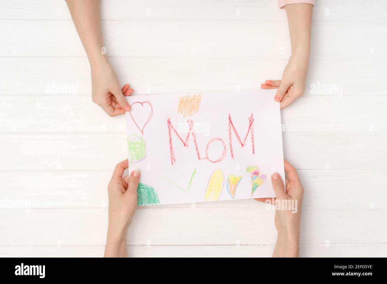 Les Mains De Maman Et De Fille Tiennent Une Carte Postale De Bricolage Coloree Avec Le Mot Maman Ecrit Dessus Jolie Carte Faite A La Main Pour La Fete Des Meres Ou