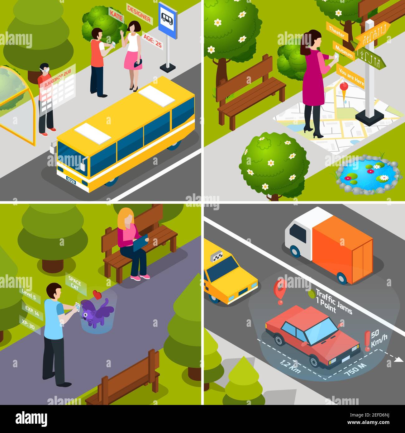 Quatre icônes isométriques carrées de réalité augmentée virtuelle à 360 degrés avec l'illustration vectorielle des personnes et des smartphones Illustration de Vecteur