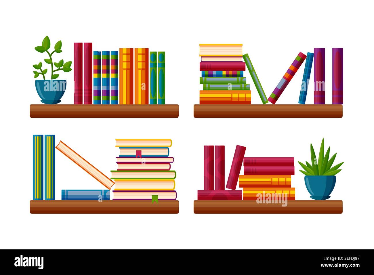 Etagère avec piles de livres et plantes. Collection de livres de classe et de plantes en pot dans le style de dessin animé. Illustration vectorielle isolée sur fond blanc Illustration de Vecteur