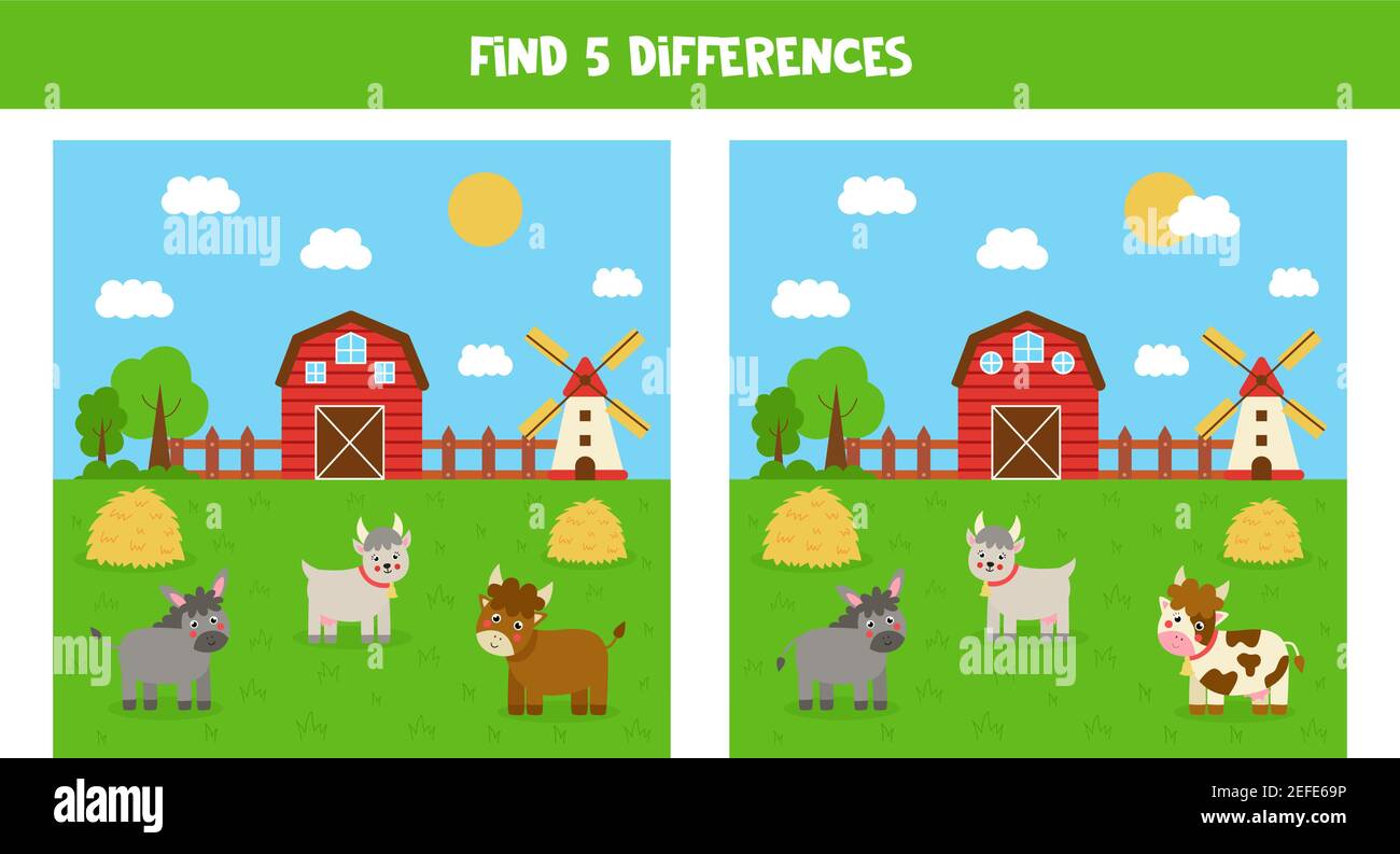 Trouvez cinq différences entre les photos. Paysage agricole avec animaux. Illustration de Vecteur