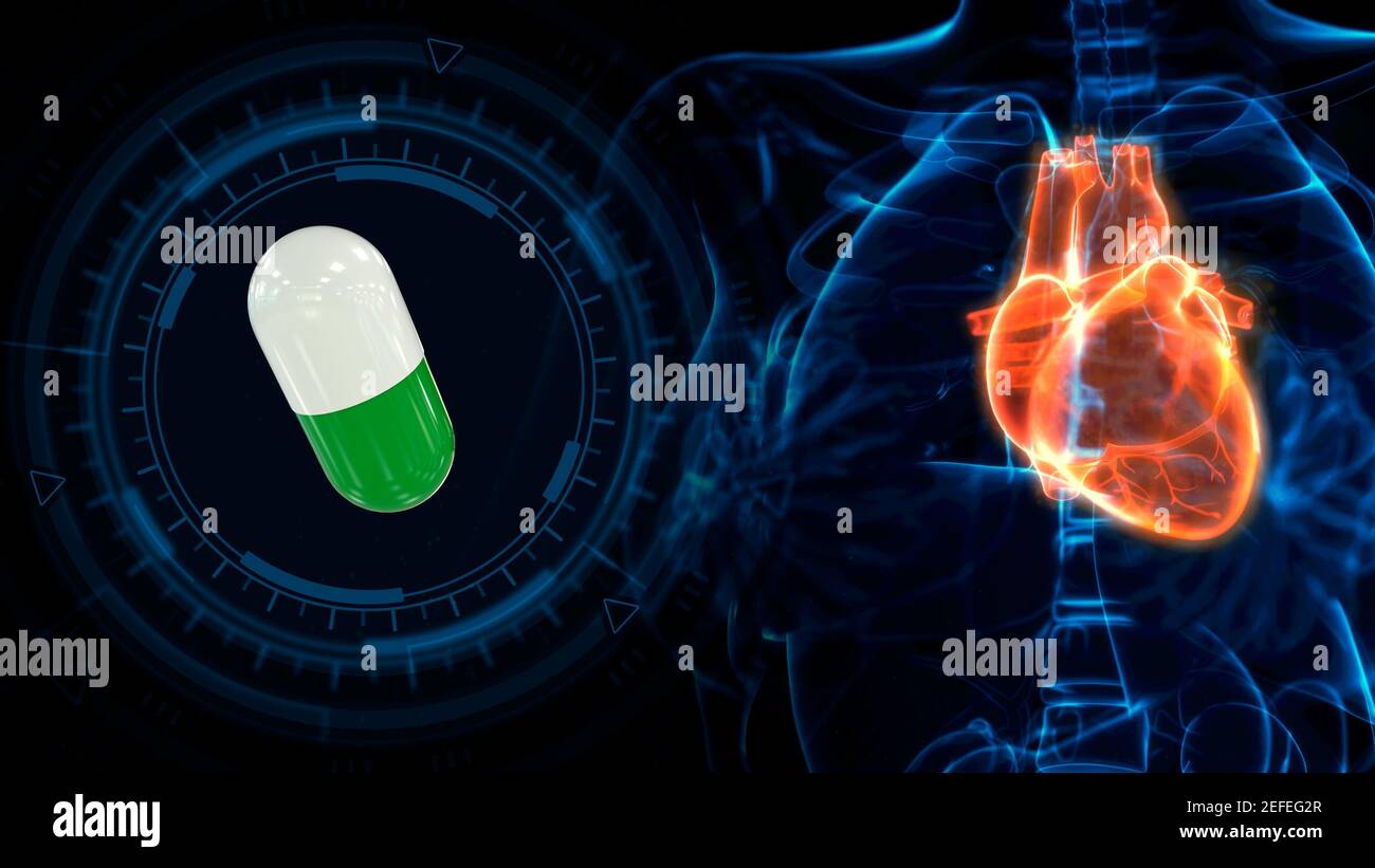 cœur affecté par la capsule de pilule, cg médicale 3d illustration Banque D'Images