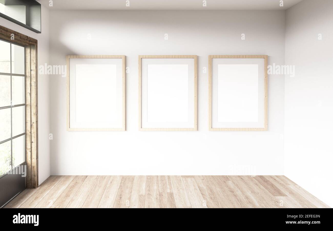 Trois cadres de blanck dans une chambre avec de grandes fenêtres. Rendu 3D Banque D'Images