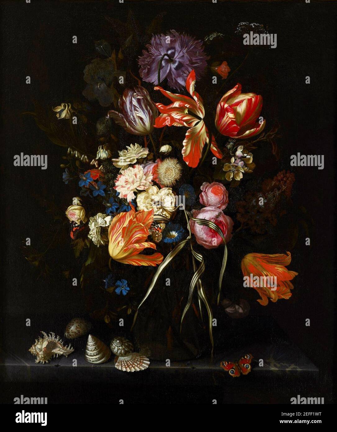 Fleurs dans un vase en verre de Maria van Oosterwyck, Banque D'Images