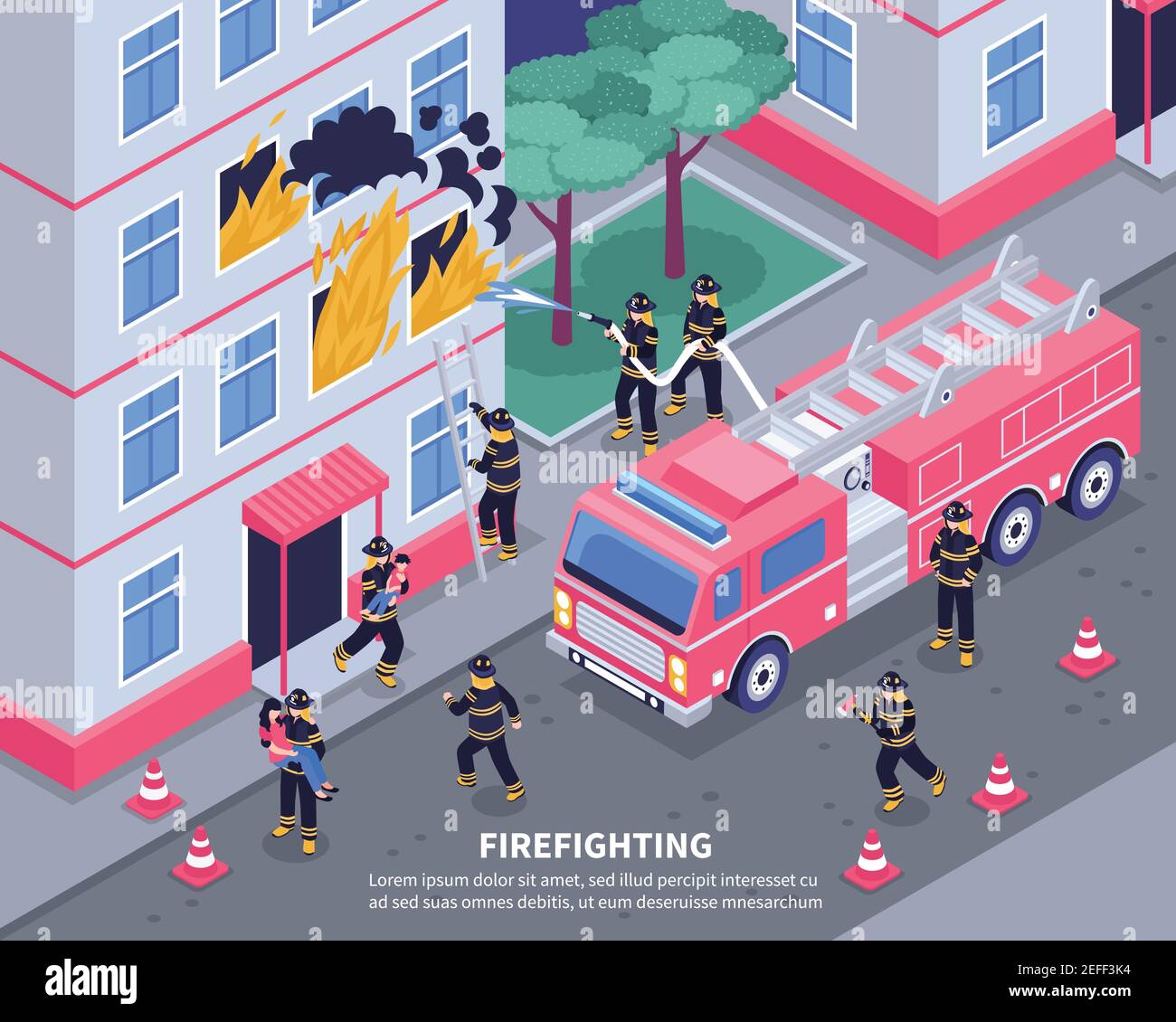 Groupe de pompiers présentant une illustration de vecteur isométrique 3d de feu Illustration de Vecteur